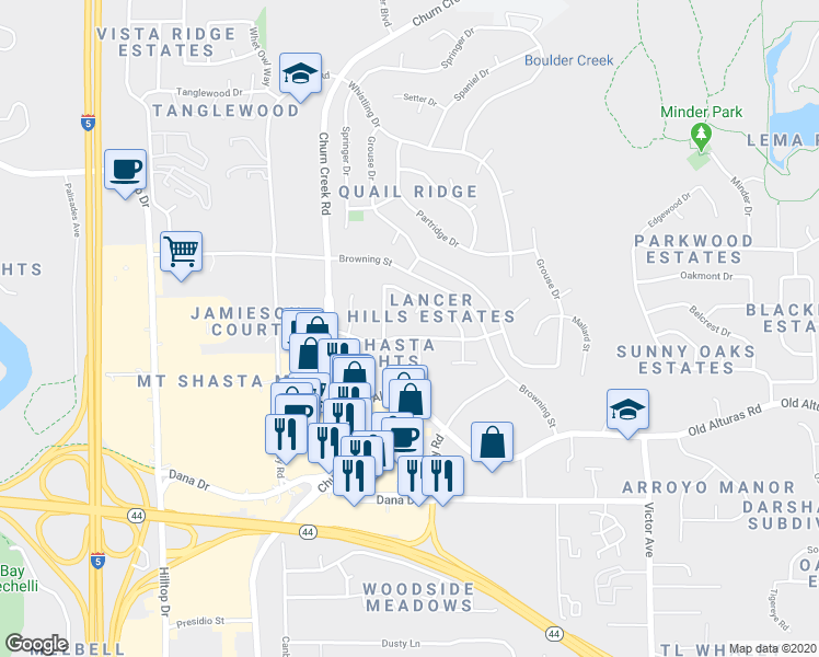 map of restaurants, bars, coffee shops, grocery stores, and more near 1036 Burton Drive in Redding