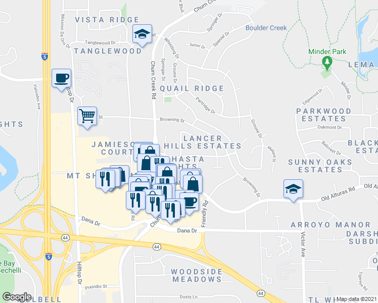 map of restaurants, bars, coffee shops, grocery stores, and more near 1141 Burton Drive in Redding