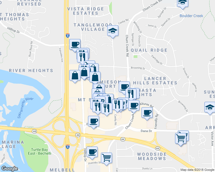 map of restaurants, bars, coffee shops, grocery stores, and more near 914 Jamieson Court in Redding