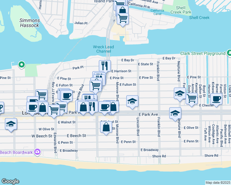 map of restaurants, bars, coffee shops, grocery stores, and more near 240 East Fulton Street in Long Beach