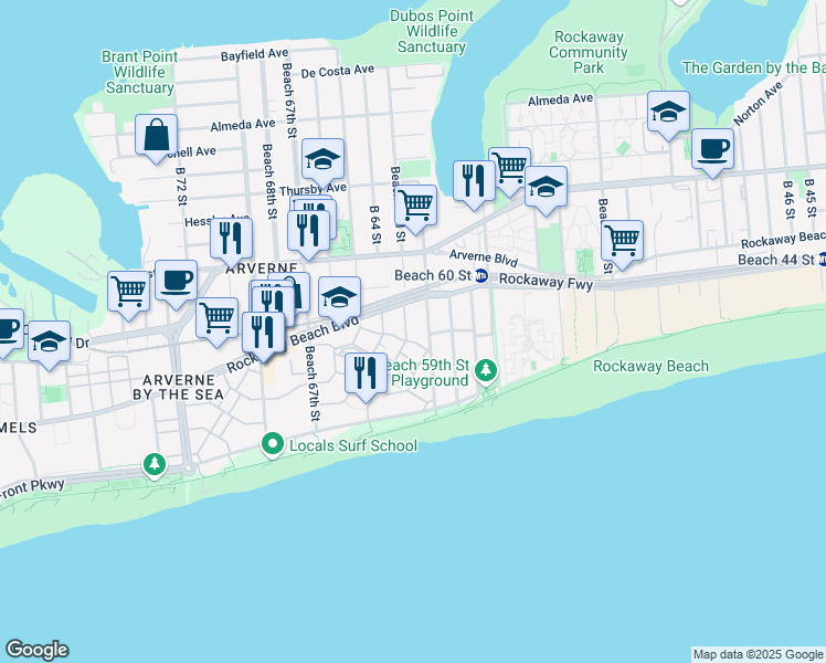 map of restaurants, bars, coffee shops, grocery stores, and more near 191 Sea Grass Lane in Queens
