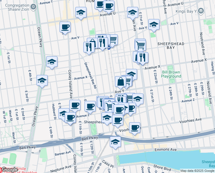map of restaurants, bars, coffee shops, grocery stores, and more near 2431 East 15th Street in Brooklyn