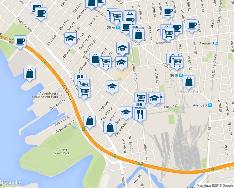 map of restaurants, bars, coffee shops, grocery stores, and more near 129A Bay 44th Street in Brooklyn