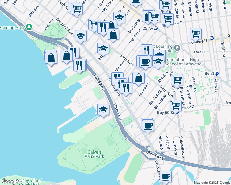 map of restaurants, bars, coffee shops, grocery stores, and more near 2541 Cropsey Avenue in Brooklyn