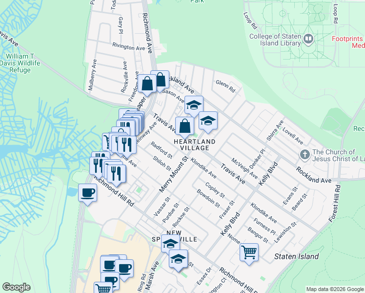 map of restaurants, bars, coffee shops, grocery stores, and more near 606 Travis Avenue in Staten Island