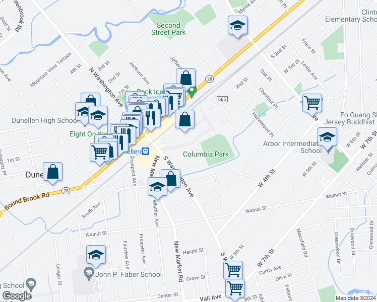 map of restaurants, bars, coffee shops, grocery stores, and more near 100 South Washington Avenue in Dunellen