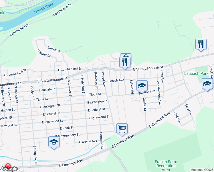 map of restaurants, bars, coffee shops, grocery stores, and more near 1241 Tweed Avenue in Allentown