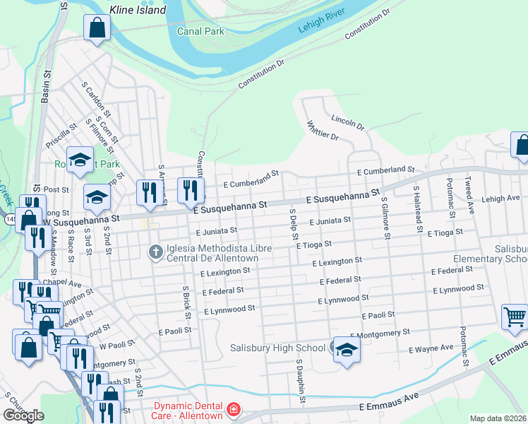 map of restaurants, bars, coffee shops, grocery stores, and more near 335 East Susquehanna Street in Allentown