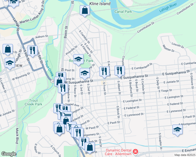 map of restaurants, bars, coffee shops, grocery stores, and more near 132 Donald Street in Allentown