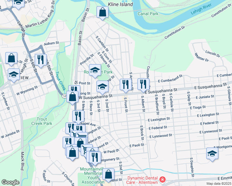map of restaurants, bars, coffee shops, grocery stores, and more near 132 Donald Street in Allentown