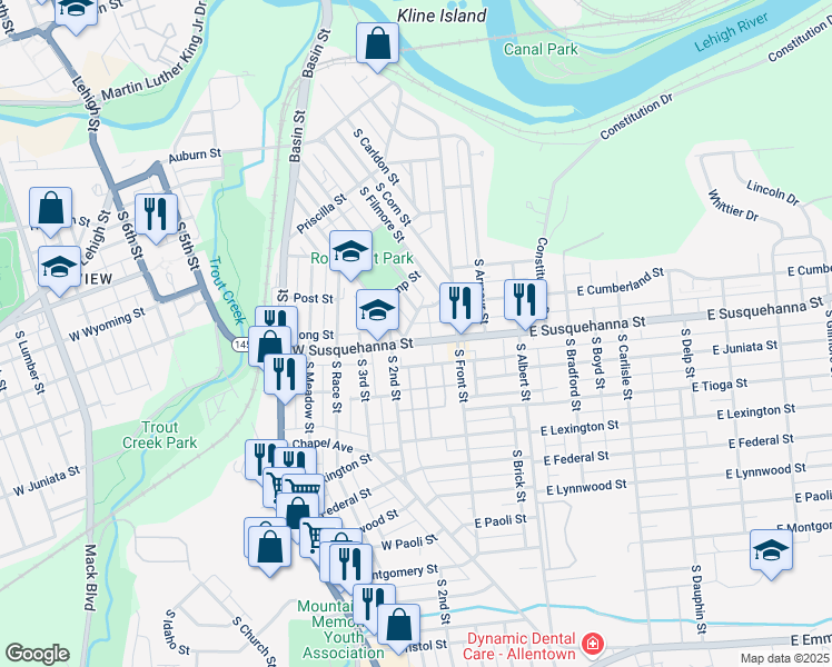 map of restaurants, bars, coffee shops, grocery stores, and more near 132 Donald Street in Allentown