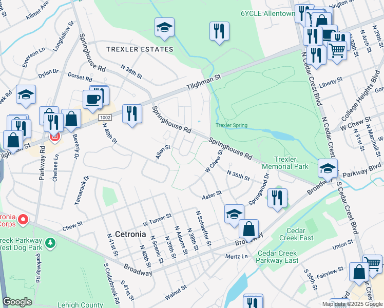 map of restaurants, bars, coffee shops, grocery stores, and more near 538 Parkside Court in Allentown