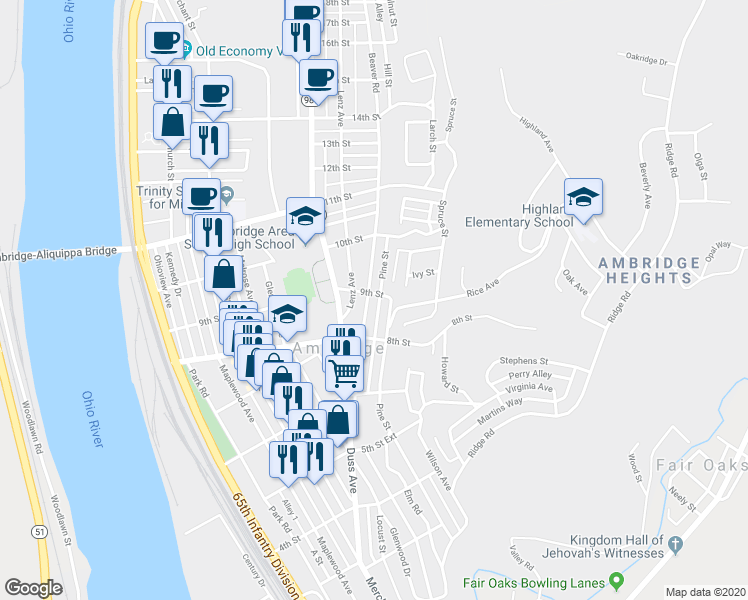 map of restaurants, bars, coffee shops, grocery stores, and more near 921 Pine Street in Ambridge