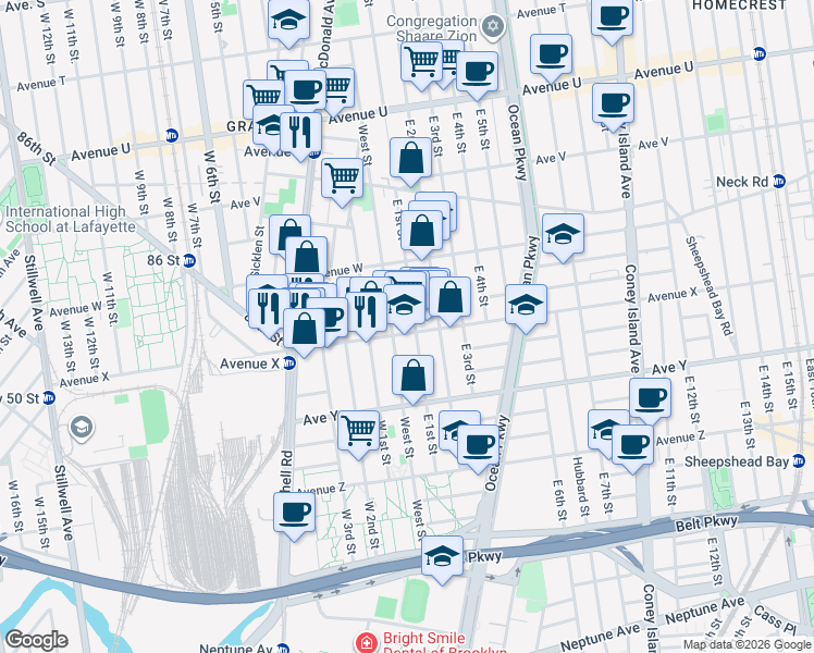 map of restaurants, bars, coffee shops, grocery stores, and more near 365 Avenue X in Brooklyn