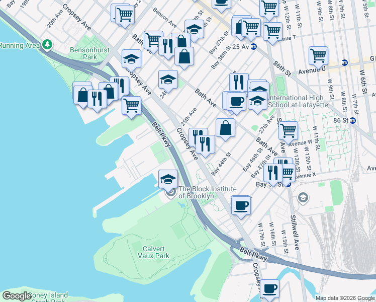 map of restaurants, bars, coffee shops, grocery stores, and more near 2541 Cropsey Avenue in Brooklyn