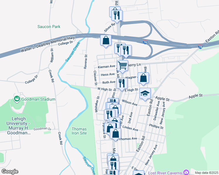 map of restaurants, bars, coffee shops, grocery stores, and more near 127 Roth Avenue in Hellertown