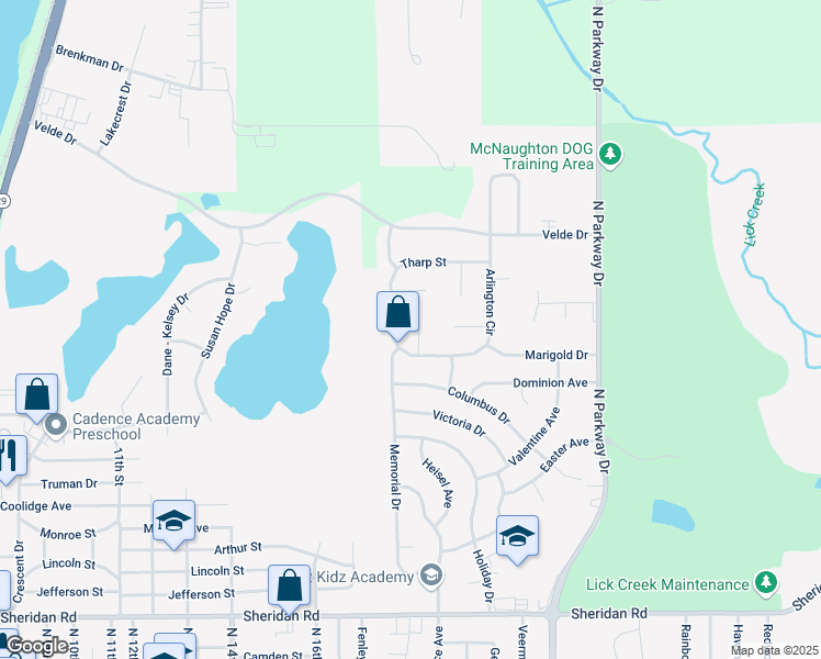 map of restaurants, bars, coffee shops, grocery stores, and more near 1806 Tharp Street in Pekin