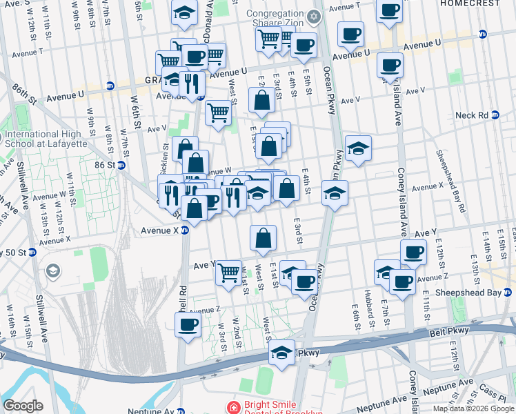 map of restaurants, bars, coffee shops, grocery stores, and more near 357 Avenue X in Brooklyn