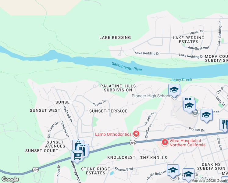 map of restaurants, bars, coffee shops, grocery stores, and more near 834 Palatine Court in Redding