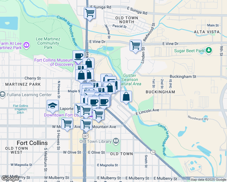 map of restaurants, bars, coffee shops, grocery stores, and more near 401 Linden Street in Fort Collins