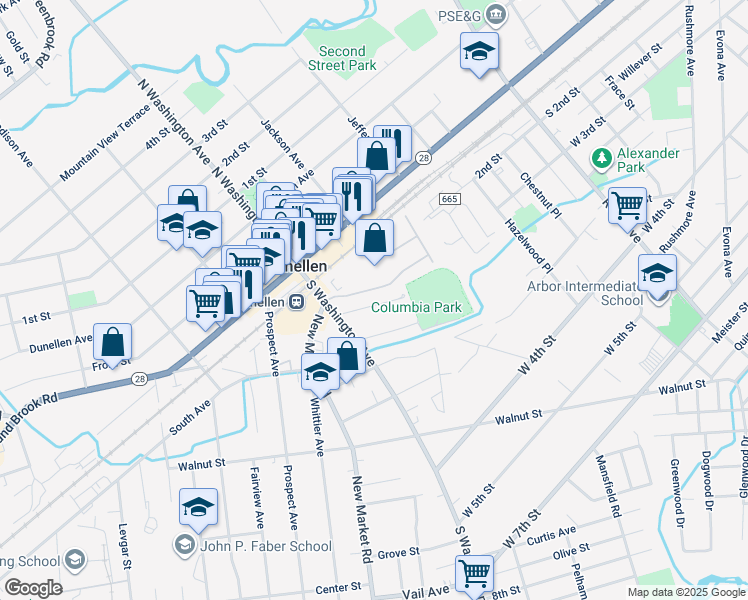 map of restaurants, bars, coffee shops, grocery stores, and more near 224 Columbia Street in Dunellen