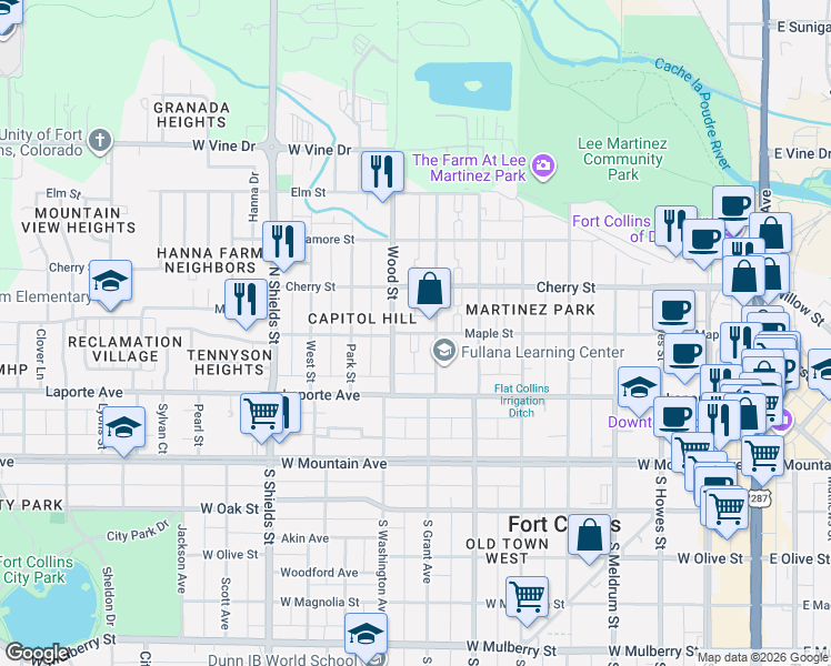 map of restaurants, bars, coffee shops, grocery stores, and more near 307 North Grant Avenue in Fort Collins