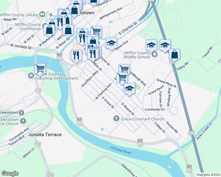 map of restaurants, bars, coffee shops, grocery stores, and more near 505 South Wayne Street in Lewistown