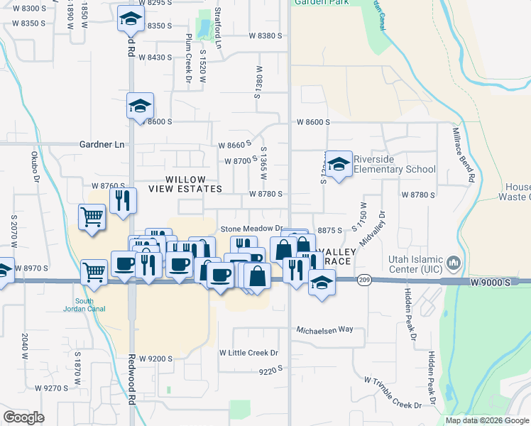 map of restaurants, bars, coffee shops, grocery stores, and more near 1359 Twin Oaks Drive in West Jordan
