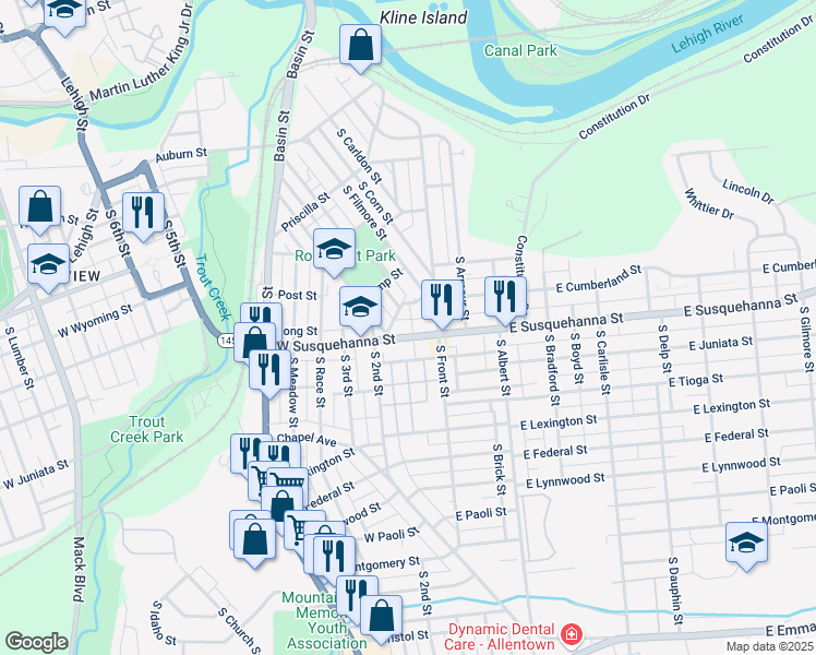 map of restaurants, bars, coffee shops, grocery stores, and more near 132 Donald Street in Allentown
