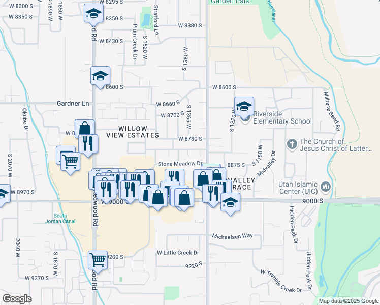 map of restaurants, bars, coffee shops, grocery stores, and more near 1335 West 8780 South in West Jordan