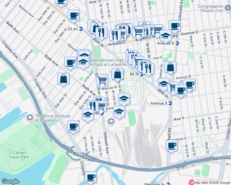map of restaurants, bars, coffee shops, grocery stores, and more near 72 Avenue W in Brooklyn
