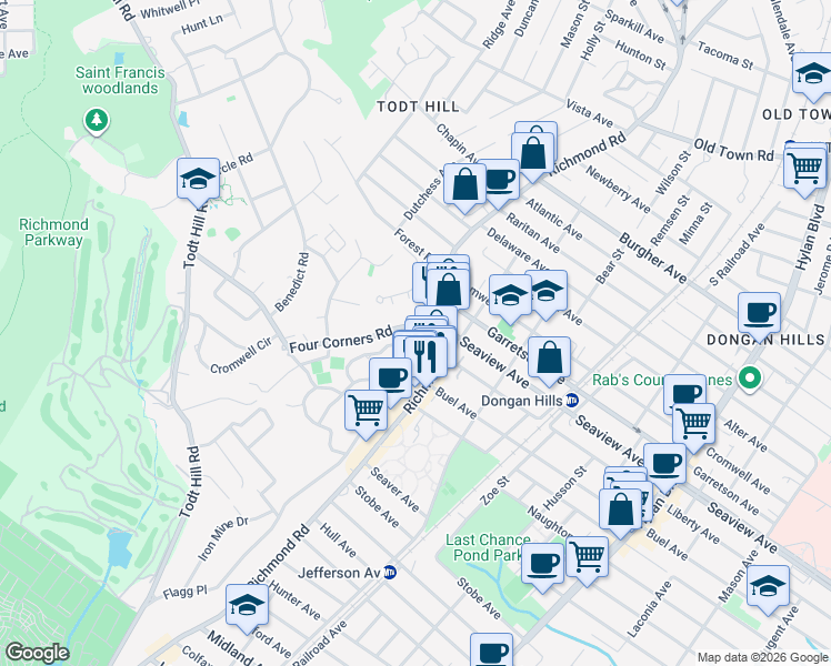 map of restaurants, bars, coffee shops, grocery stores, and more near 13 4 Corners Road in Staten Island