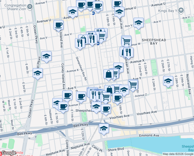 map of restaurants, bars, coffee shops, grocery stores, and more near 2431 East 15th Street in Brooklyn