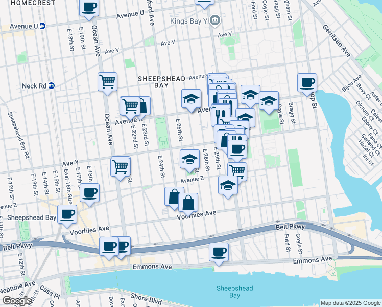 map of restaurants, bars, coffee shops, grocery stores, and more near 2516 East 27th Street in Brooklyn