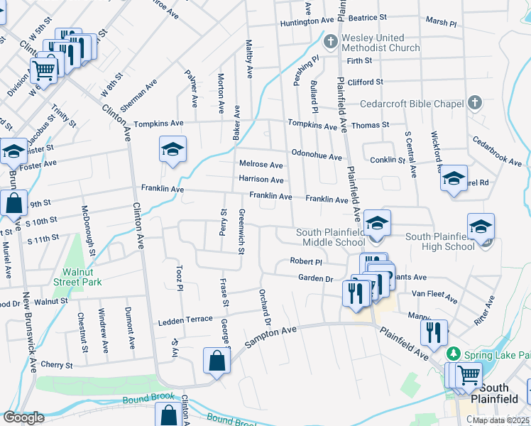 map of restaurants, bars, coffee shops, grocery stores, and more near 21 Steven Terrace in South Plainfield