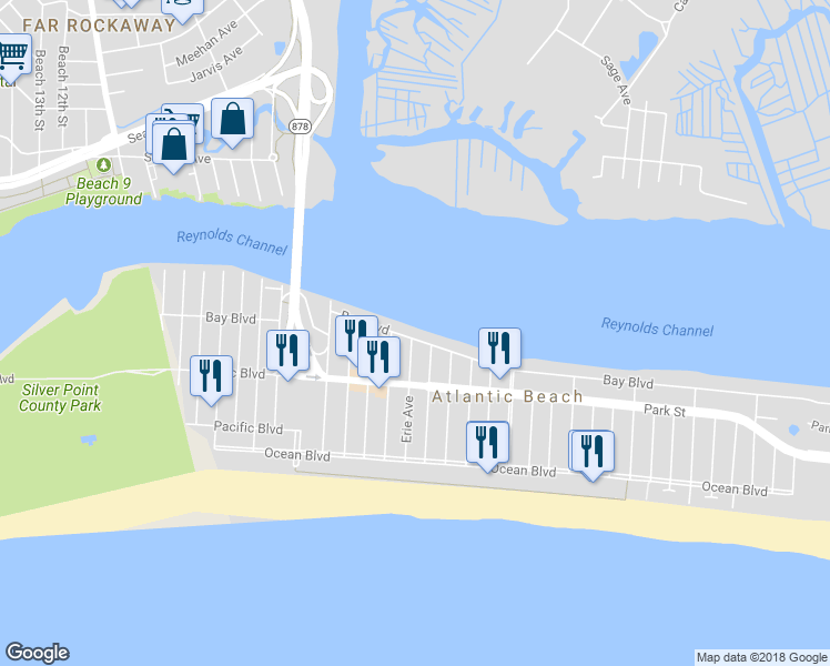 map of restaurants, bars, coffee shops, grocery stores, and more near 1940 Bay Boulevard in Atlantic Beach