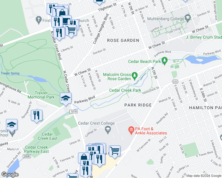 map of restaurants, bars, coffee shops, grocery stores, and more near 4 North Arch Street in Allentown