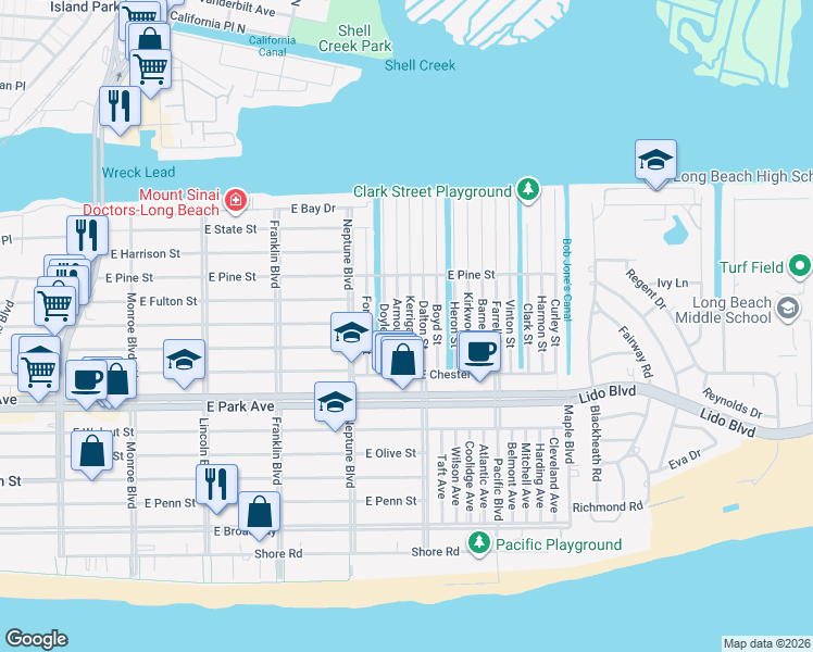 map of restaurants, bars, coffee shops, grocery stores, and more near 27 Kerrigan Street in Long Beach