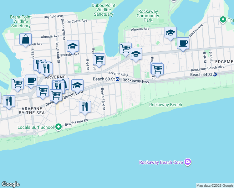 map of restaurants, bars, coffee shops, grocery stores, and more near 160 Beach 60th Street in Queens
