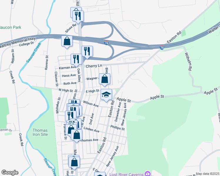 map of restaurants, bars, coffee shops, grocery stores, and more near 305 East High Street in Hellertown