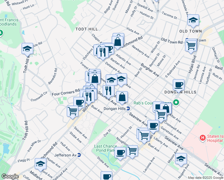 map of restaurants, bars, coffee shops, grocery stores, and more near 50 Jefferson Street in Staten Island