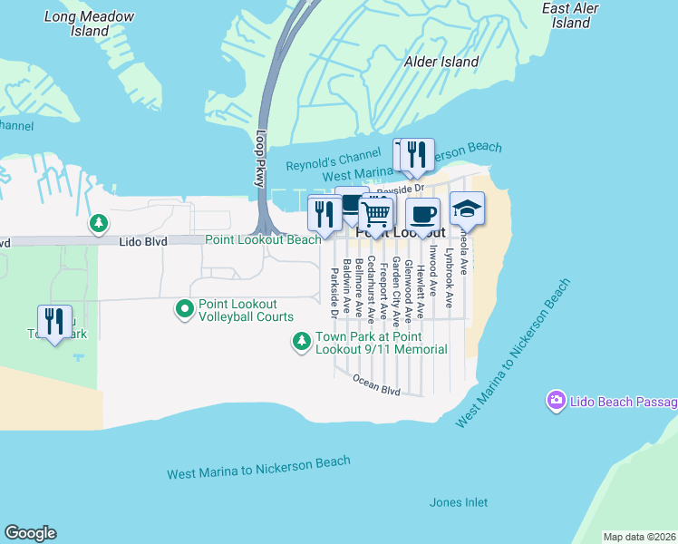 map of restaurants, bars, coffee shops, grocery stores, and more near 54 Parkside Road Drive in Point Lookout