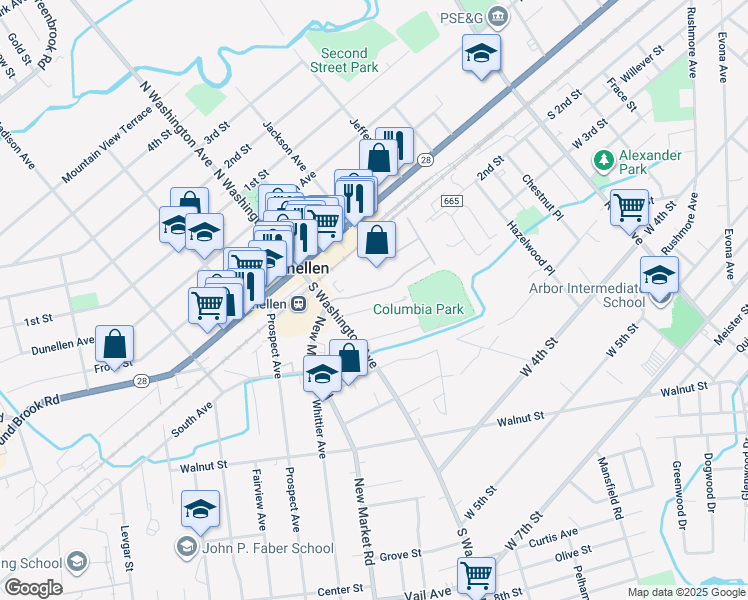 map of restaurants, bars, coffee shops, grocery stores, and more near 224 Columbia Street in Dunellen