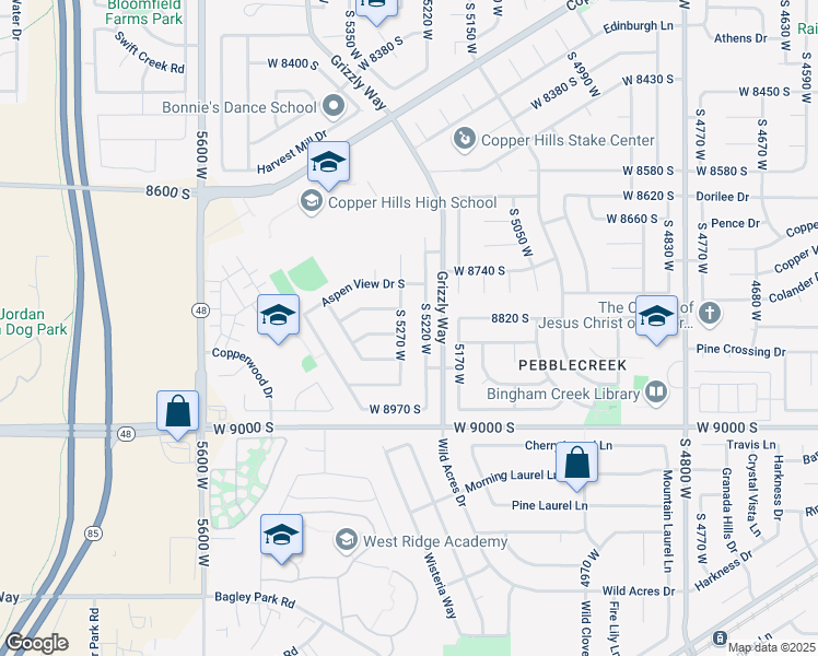 map of restaurants, bars, coffee shops, grocery stores, and more near 8802 Mountain Vista Drive in West Jordan