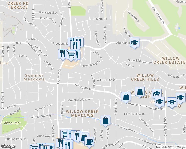 map of restaurants, bars, coffee shops, grocery stores, and more near 2156 Falcon Way in Sandy