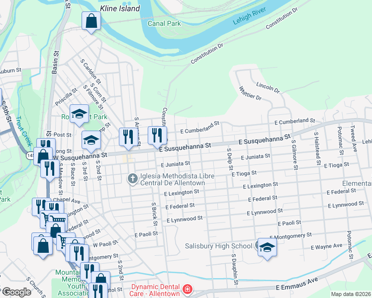 map of restaurants, bars, coffee shops, grocery stores, and more near 218 East Susquehanna Street in Allentown