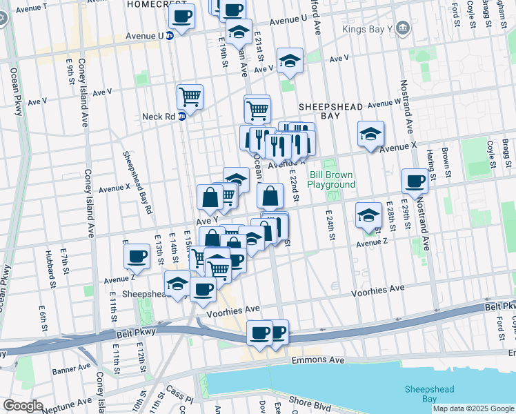 map of restaurants, bars, coffee shops, grocery stores, and more near 2892 Ocean Avenue in Brooklyn