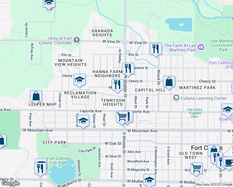 map of restaurants, bars, coffee shops, grocery stores, and more near 1201 Maple Street in Fort Collins