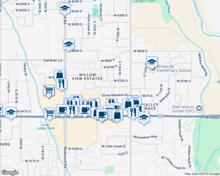 map of restaurants, bars, coffee shops, grocery stores, and more near 1395 West 8780 South in West Jordan