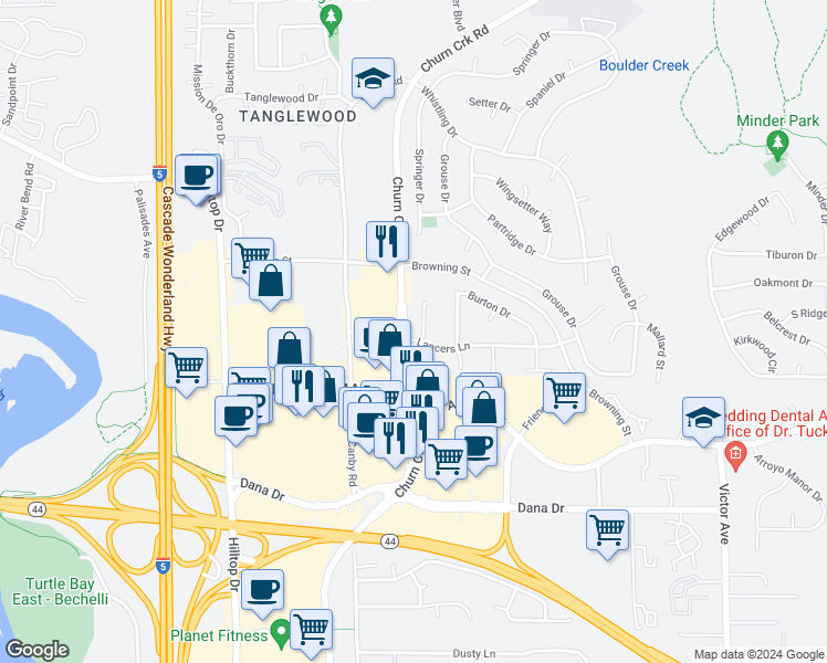 map of restaurants, bars, coffee shops, grocery stores, and more near 1137 Brandon Court in Redding